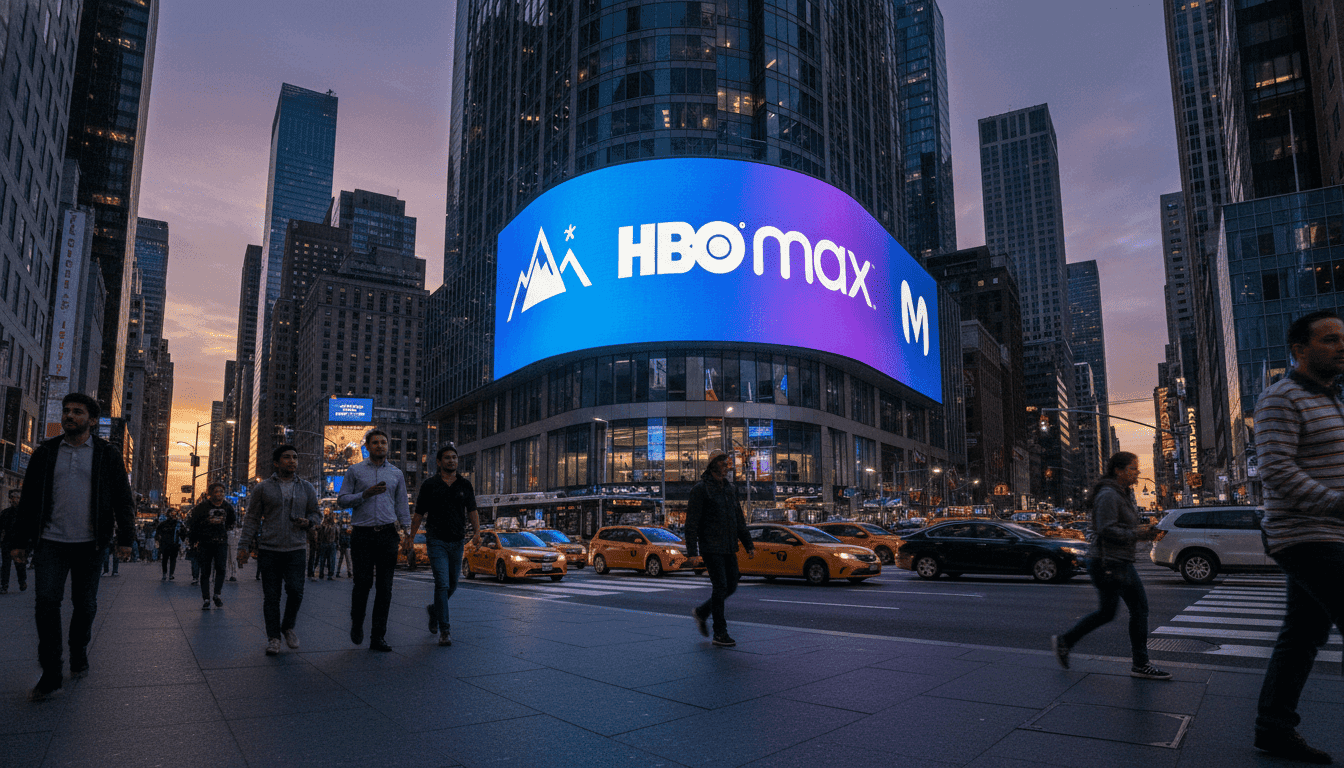 A street-level shot of a bustling city street, with a large digital billboard prominently displaying the logos of Paramount+ and HBO Max side-by-side, subtly referencing the ongoing Paramount Skydance defends WBD merger talks.