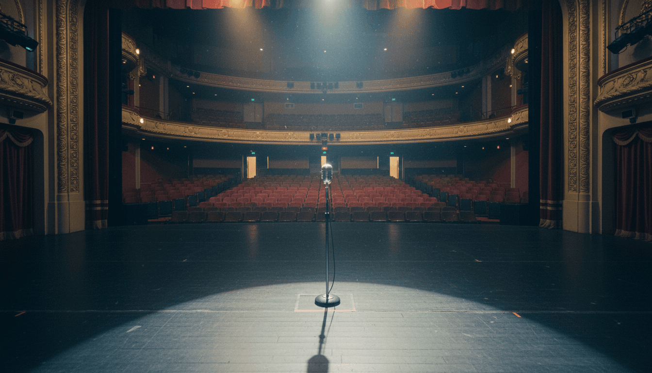 A dimly lit, empty Academy Awards stage with a lone microphone stand, suggesting the dramatic return of Conan O'Brien as 99th Oscars host.
