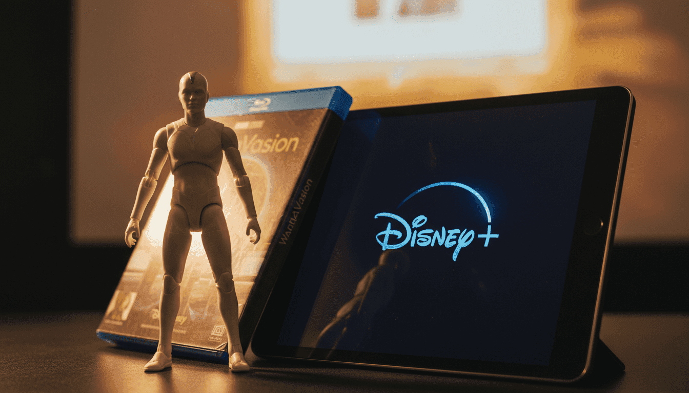 A still life composition featuring a white Vision action figure, a worn 'WandaVision' DVD case, and a Disney+ logo on a tablet, symbolizing the upcoming VisionQuest series.
