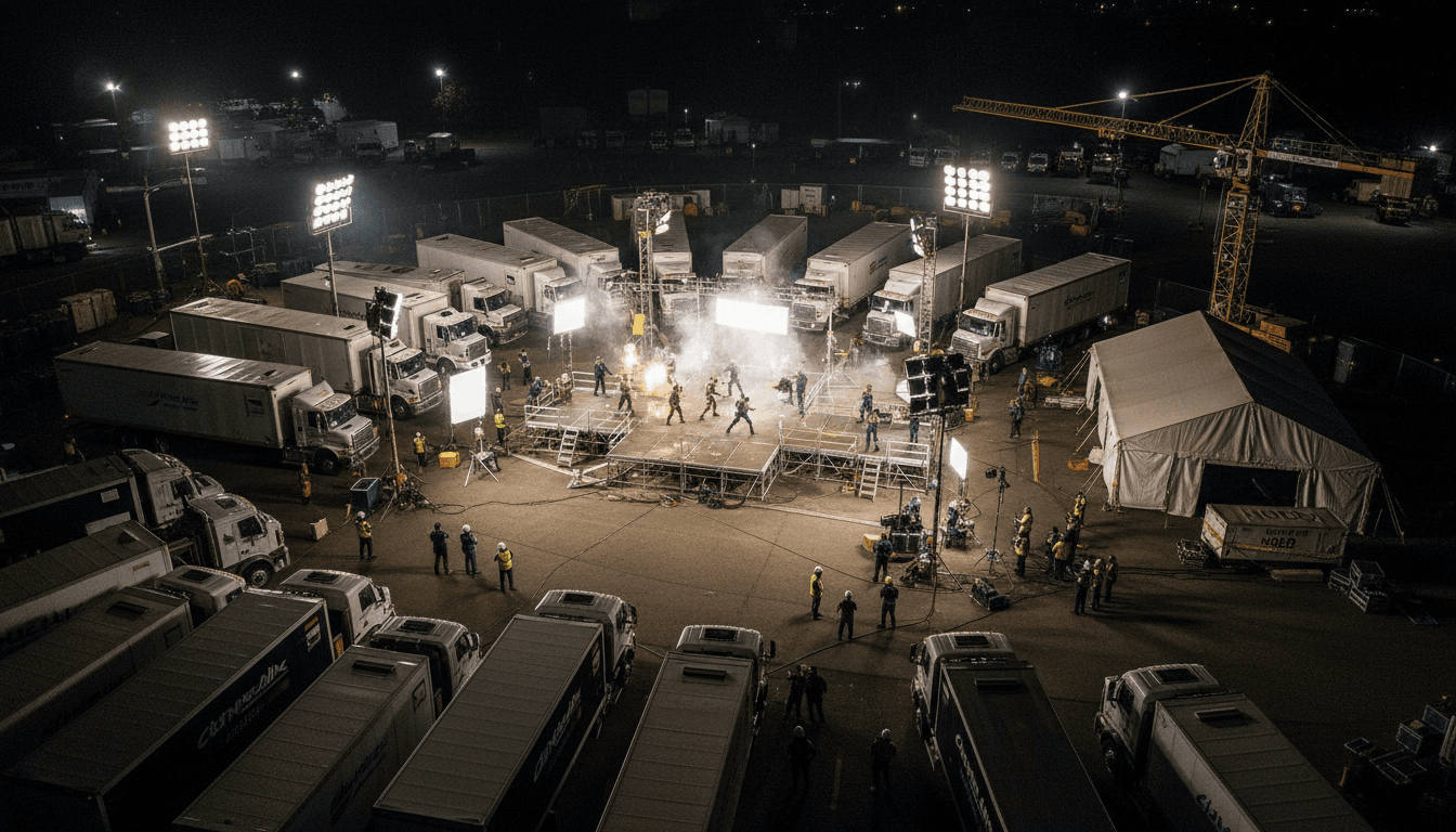 An aerial view of a bustling film set for 'Toxic' at night, with bright lights illuminating various production crews and a central stage where actors are performing, emphasizing the scale and complexity of the 'Toxic' delay.