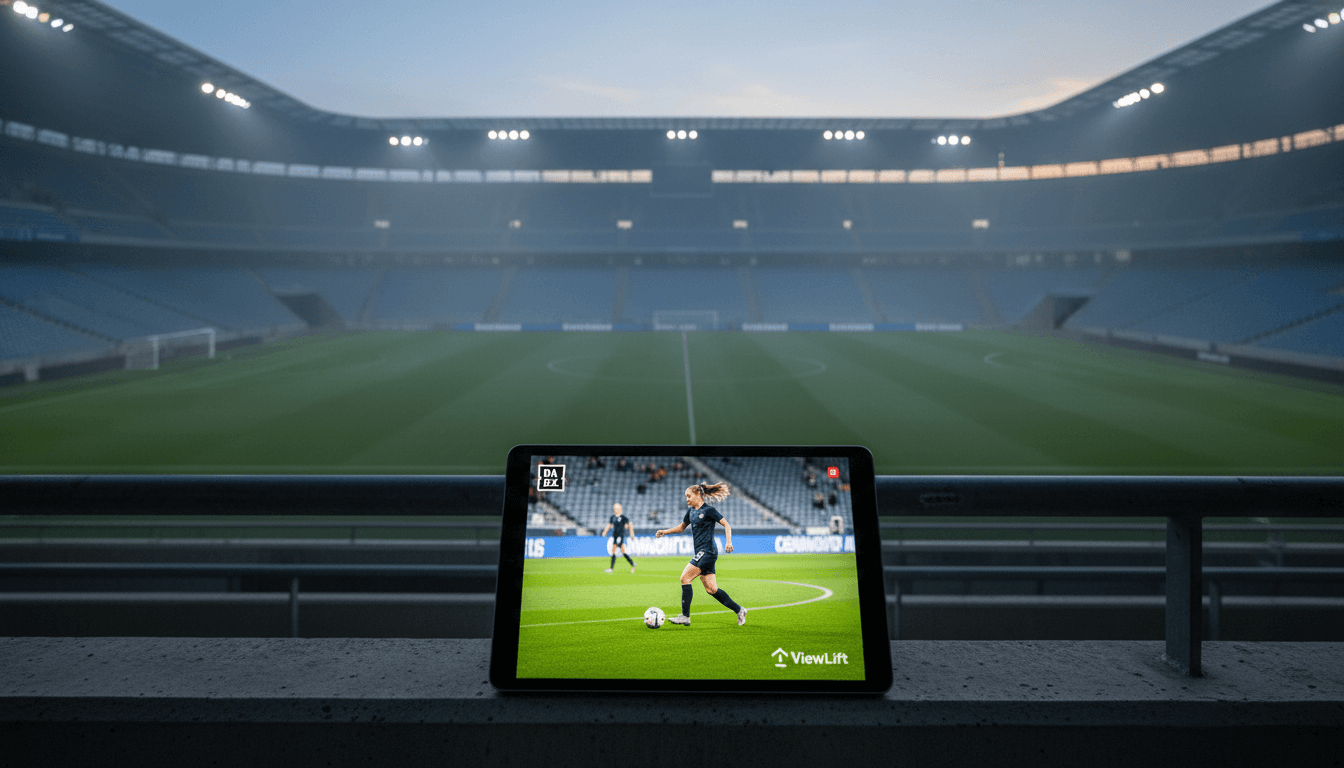 Close-up detail of a high-definition streaming interface displaying a live soccer match on a tablet, with the DAZN logo subtly visible and a ViewLift integration icon, symbolizing the DAZN makes $100 million ViewLift bet.