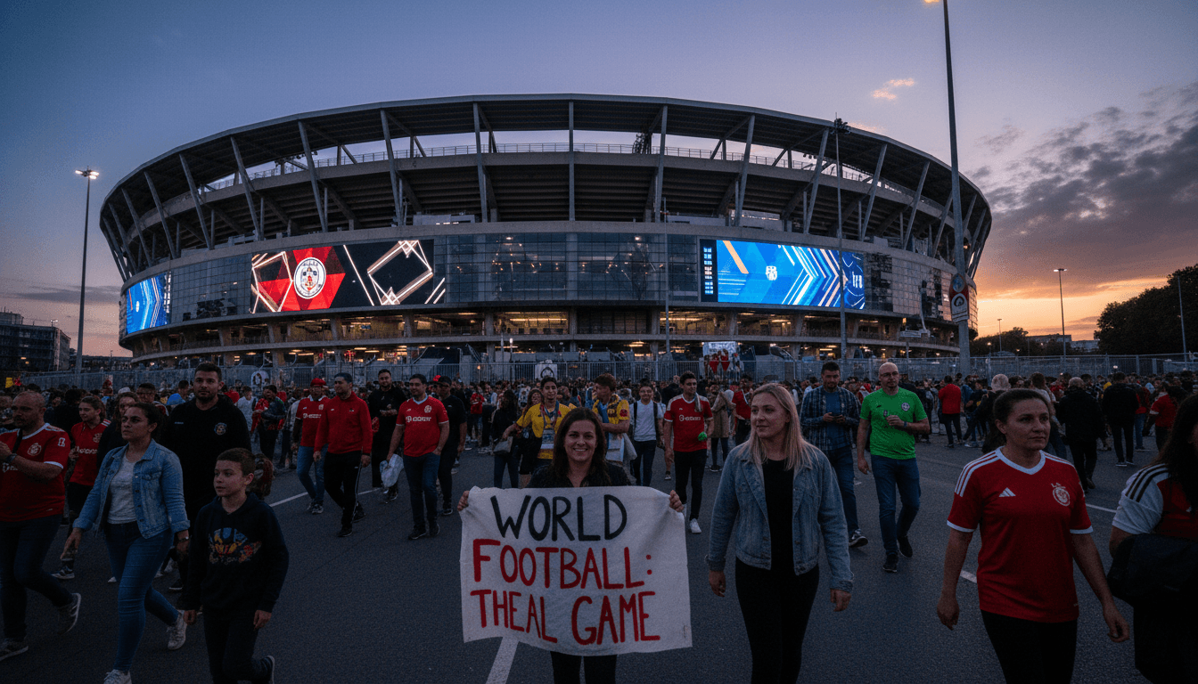 A bustling scene outside a major football stadium, with fans holding banners related to Premier League and NFL TV rights deals, indicating global reach.