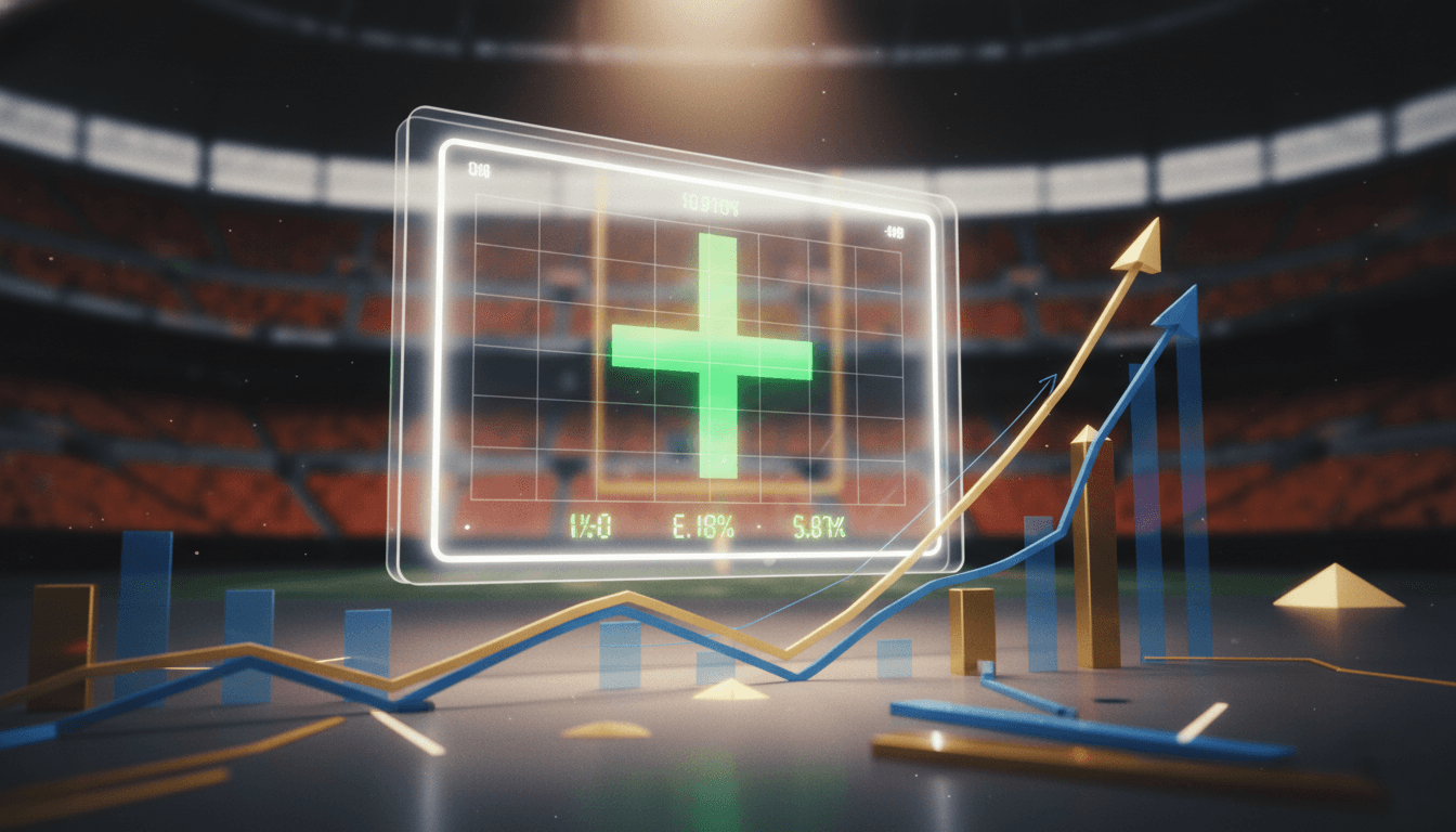 A digital representation of a financial ledger with a large green '+$100,000,000' entry, overlaid with subtle, blurred imagery of a football stadium, symbolizing the Bengals create $100 million additional salary cap space.