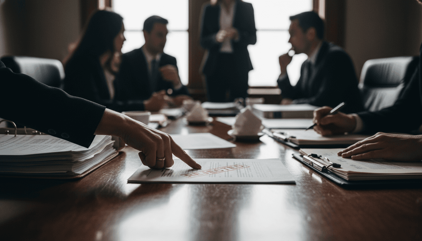 A close-up of a corporate boardroom table with scattered documents and a prominent 'Rejected' stamp on a document, symbolizing the Bill Ackman Universal Music bid being turned down.