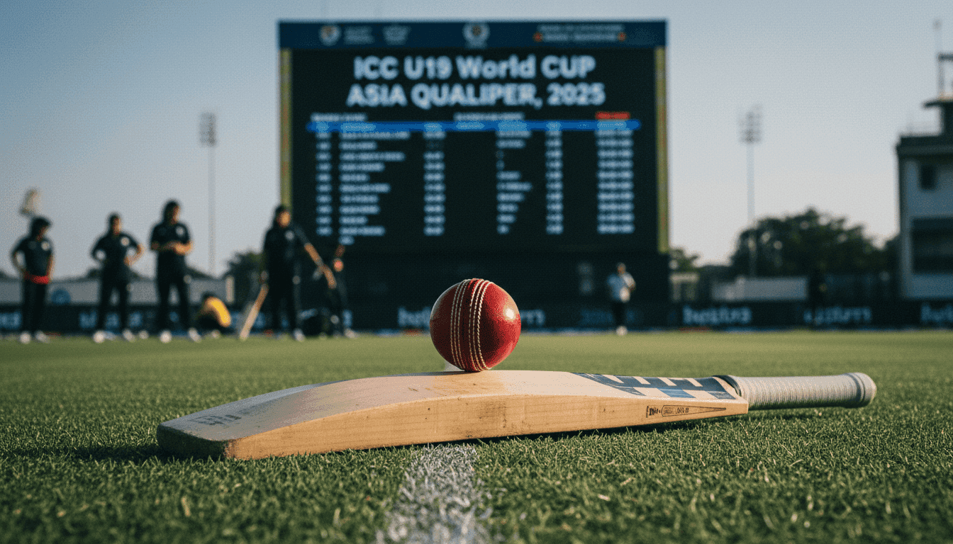 A close-up of a cricket bat and ball resting on a grassy pitch, with a blurred scoreboard in the background showing 'ICC U19 World Cup Asia Qualifier' details.