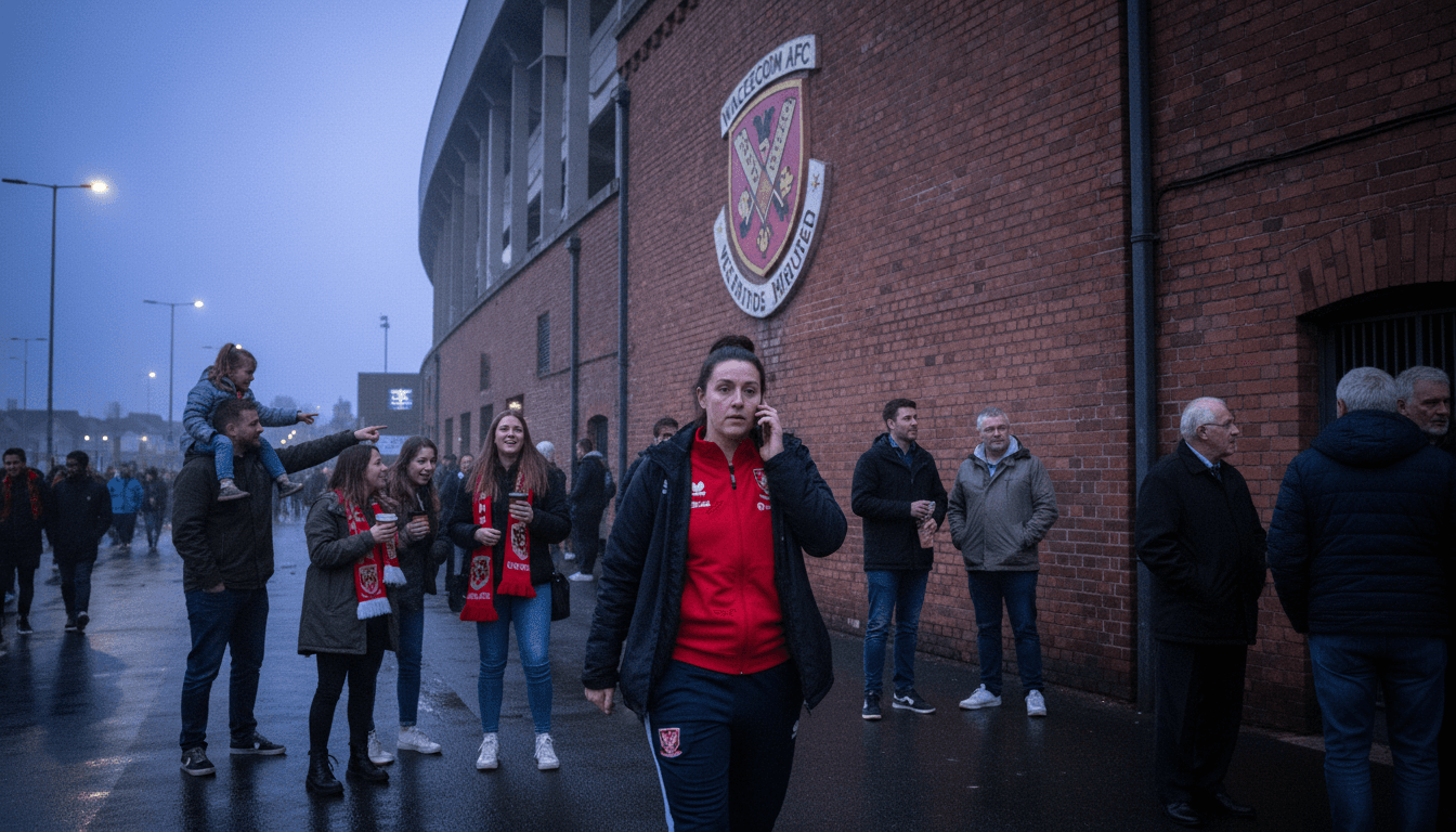 Wrexham boss eyes new signings, standing on the pitch in front of a stadium, looking determined.
