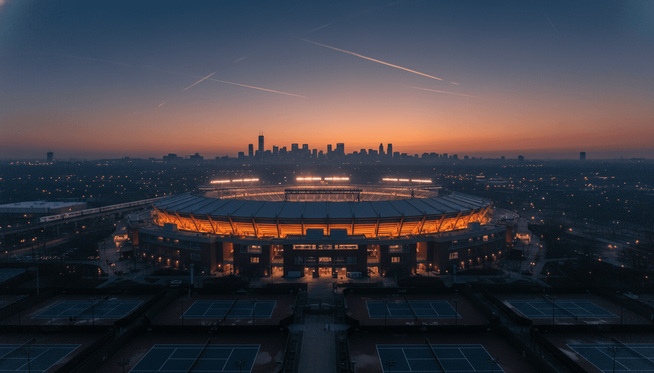 A wide-angle, slightly blurred, atmospheric shot of the USTA Billie Jean King National Tennis Center at Flushing Meadows during an evening match, with the US Open noisiest Grand Slam tournament's unique sonic elements subtly suggested.