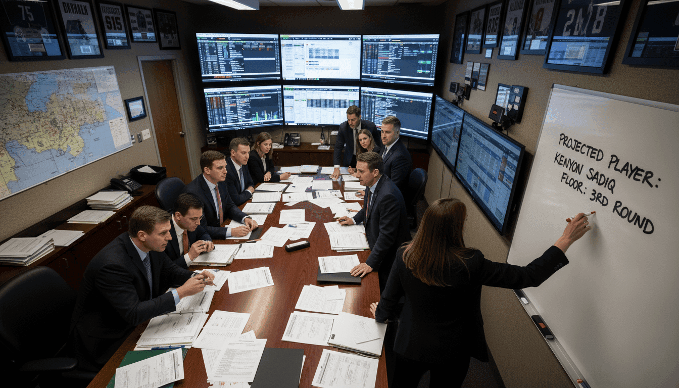 A wide shot of a bustling NFL Draft War Room with coaches and executives intently discussing a draft board, highlighting Kenyon Sadiq’s floor debate.