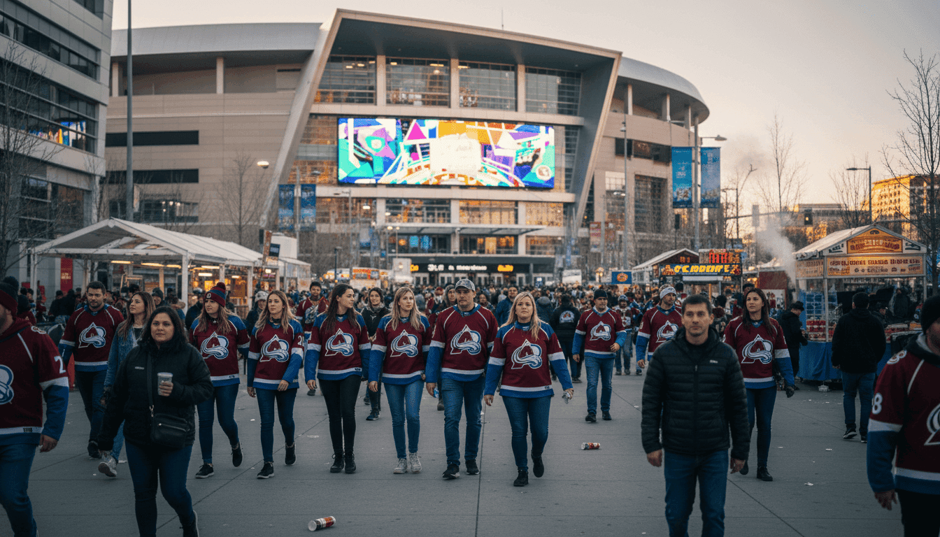 A bustling street-level view outside the Ball Arena in Denver, Colorado, with fans in Colorado Avalanche chase Presidents' Trophy jerseys heading towards the entrance before a crucial game.