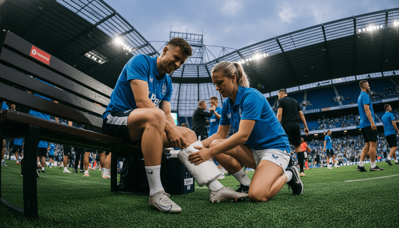 Morgan Gibbs-White shares injury aftermath details, showing a close-up of a footballer's leg being iced on the bench.