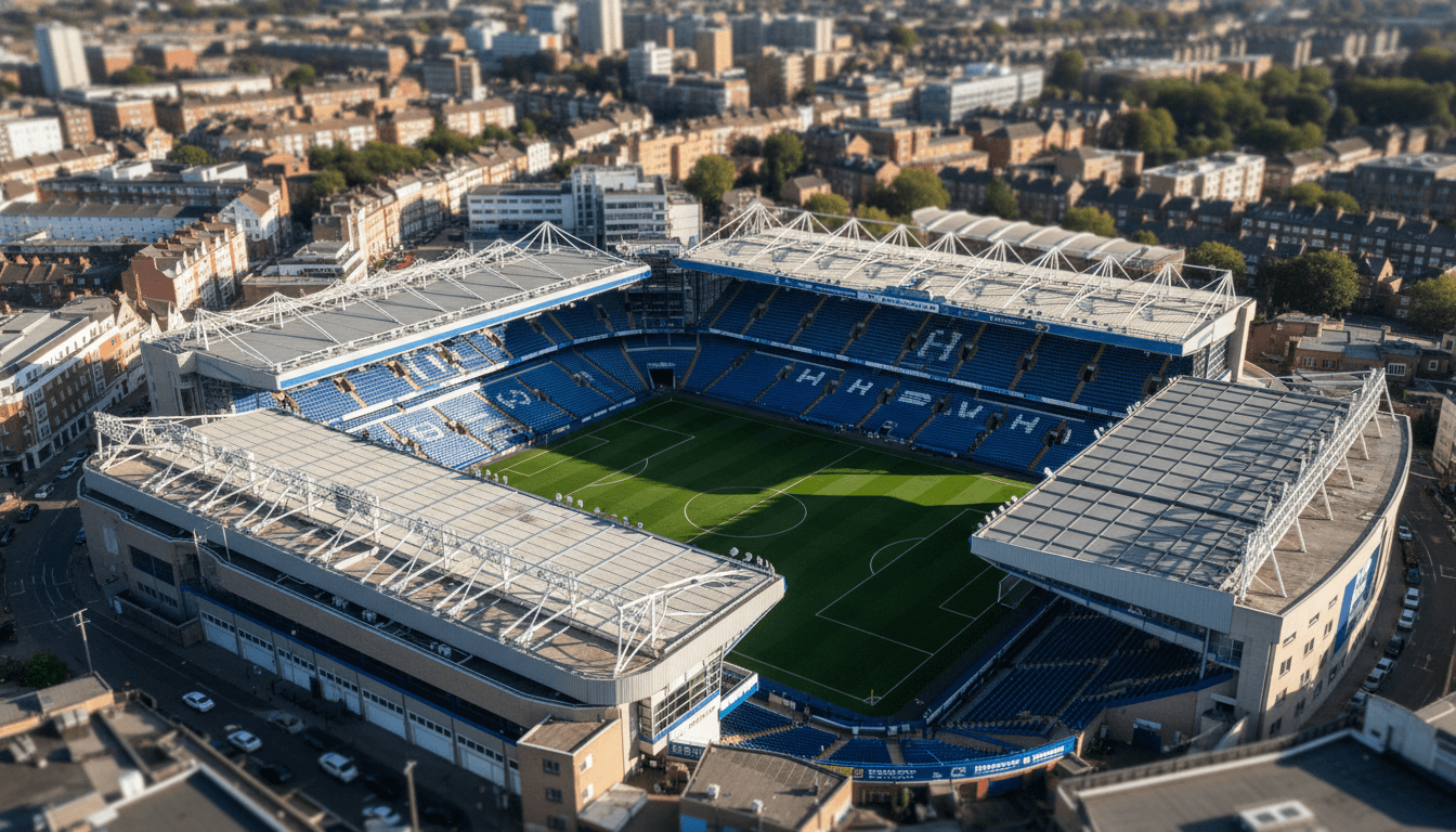 Aerial view of Stamford Bridge stadium with a focus on the pitch, symbolizing the high-stakes Cole Palmer transfer discussions.