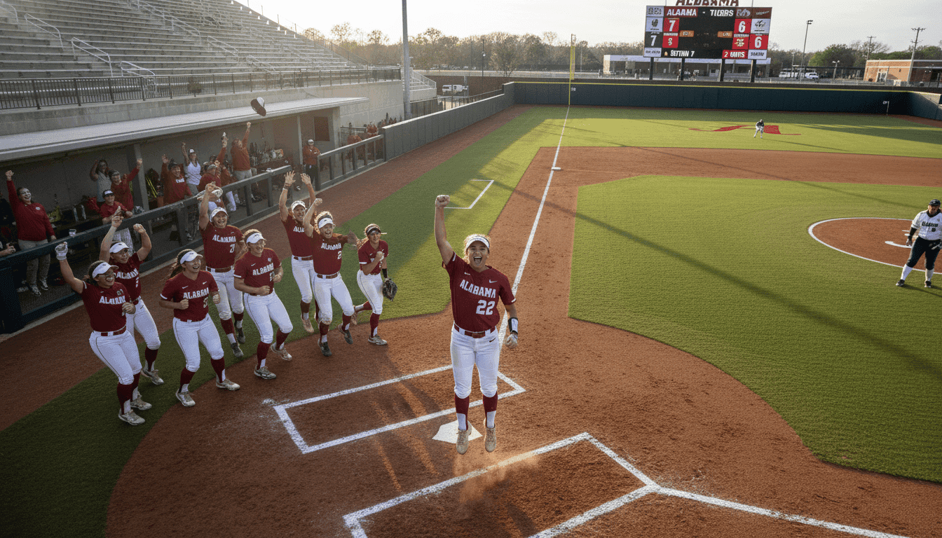 An Alabama softball player celebrates after scoring a run in the SEC championship game.