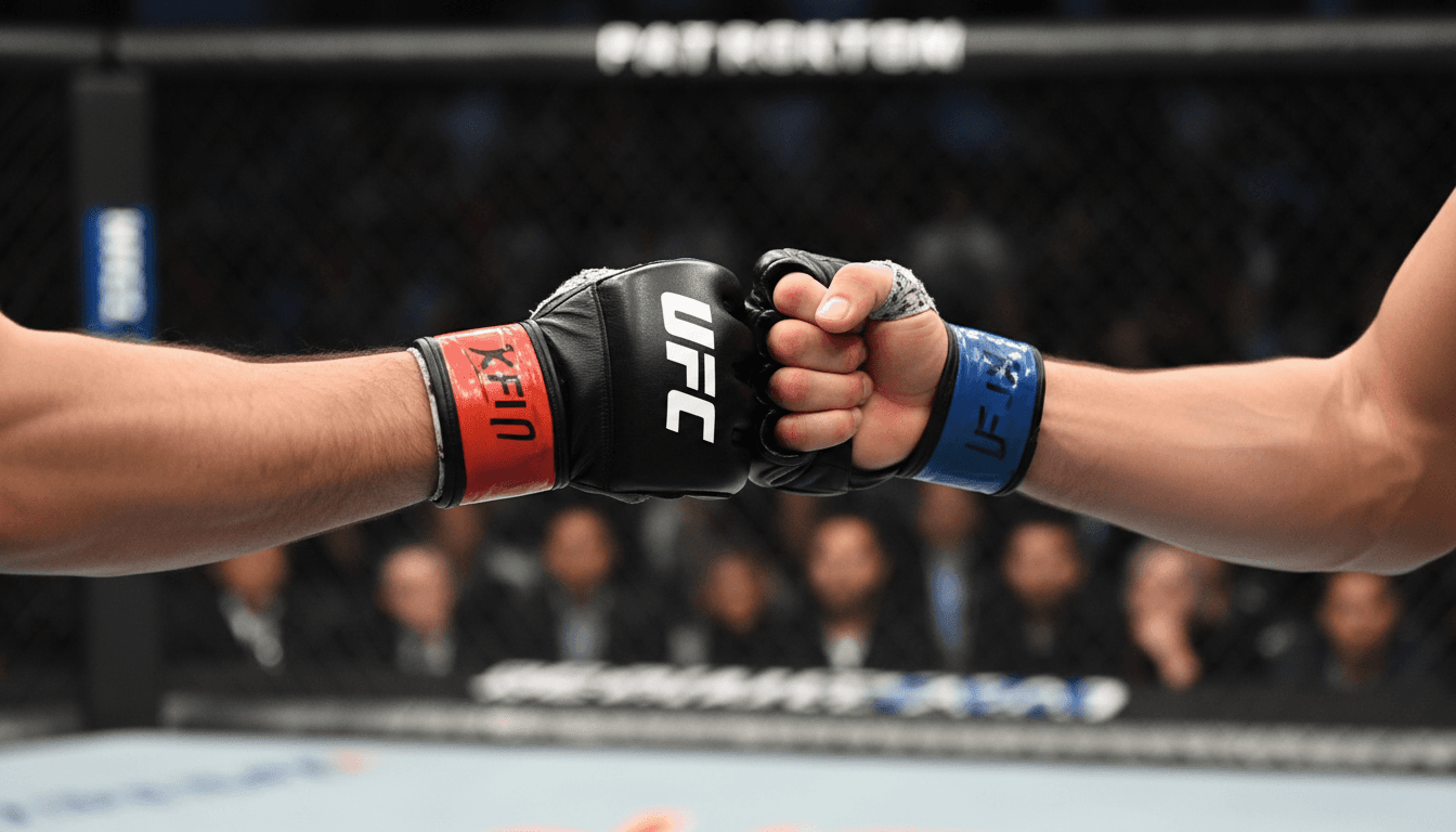 Khamzat Chimaev and Sean Strickland touch gloves prior to their UFC middleweight title fight at UFC 328 in Newark.