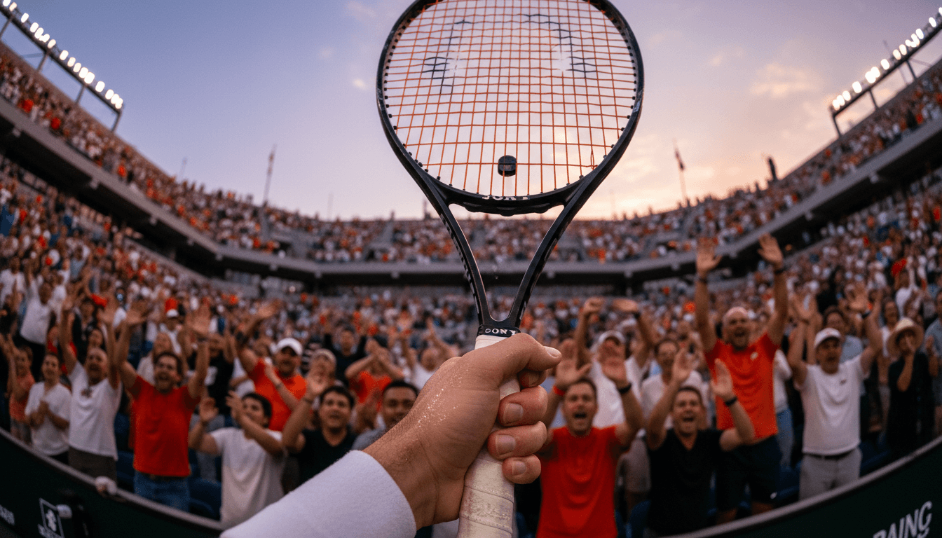 A close-up of Jannik Sinner's orange tennis racket, with a blurred background of a cheering crowd at the Italian Open, celebrating his Masters victory record.
