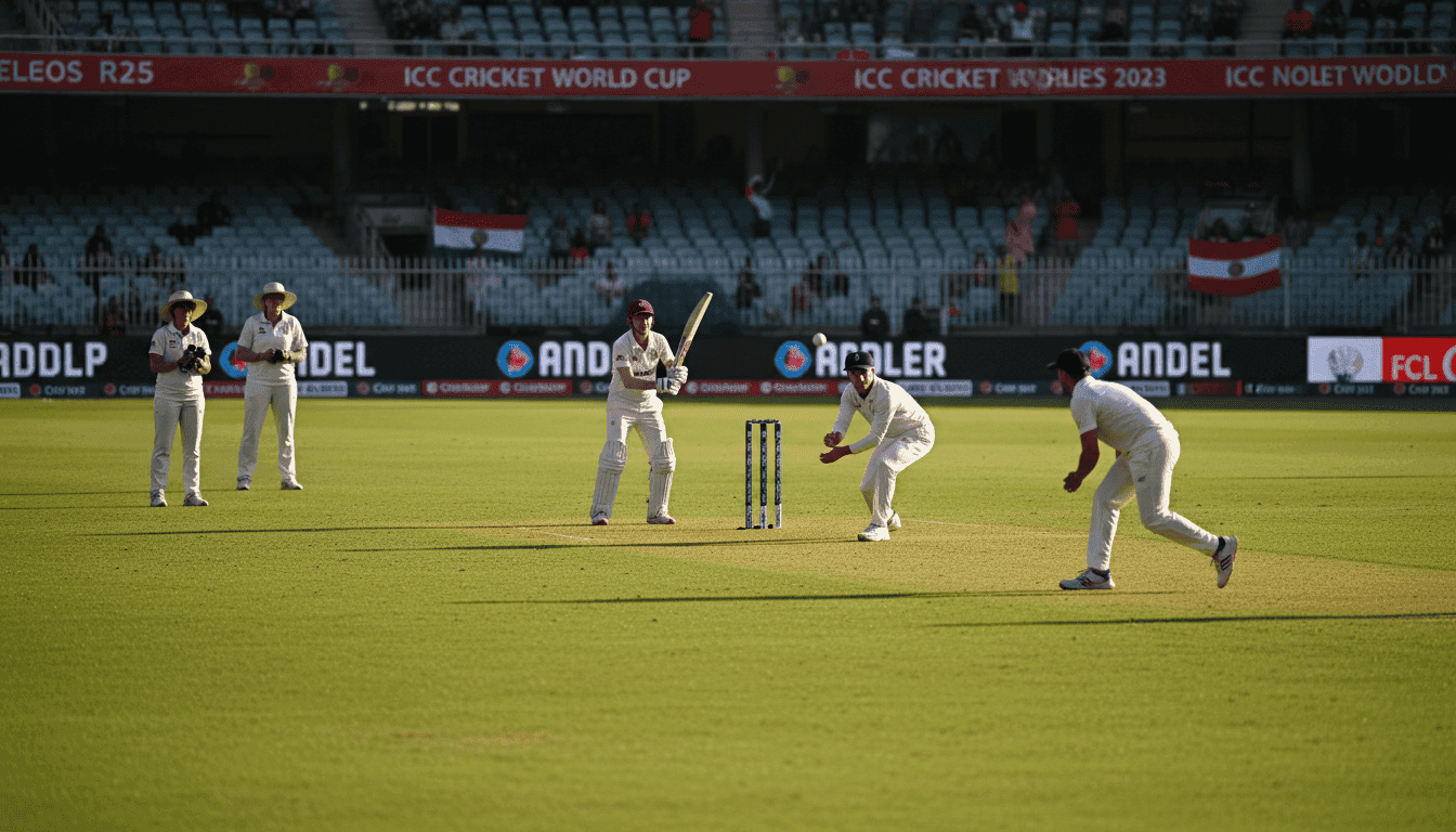 A wide shot of a cricket stadium during the ICC Cricket World Cup Qualifiers 2023 warm-up matches, with players on the field.