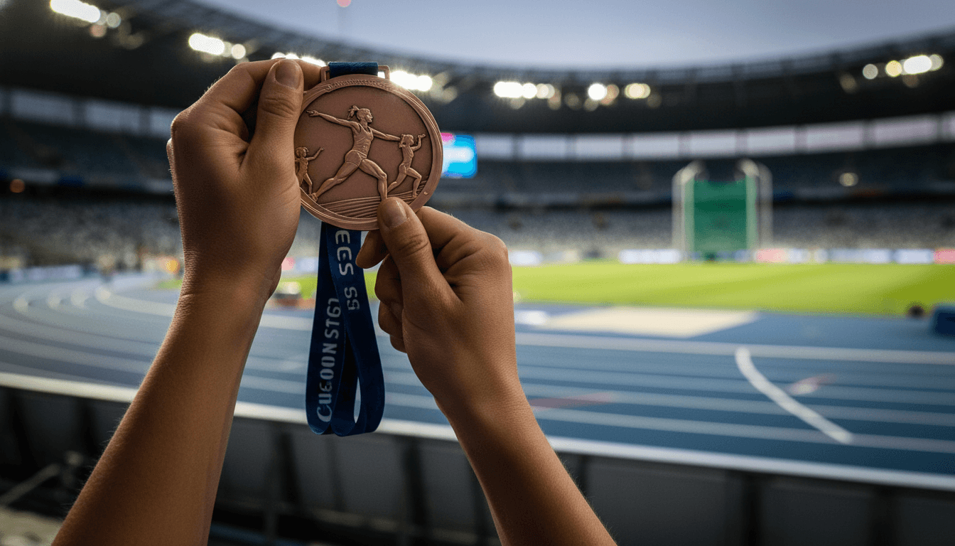 Kate O'Connor, an Irish multi-eventer, smiling and holding her World Indoor Championships bronze medal, symbolising her pursuit of double gold medal glory this summer.