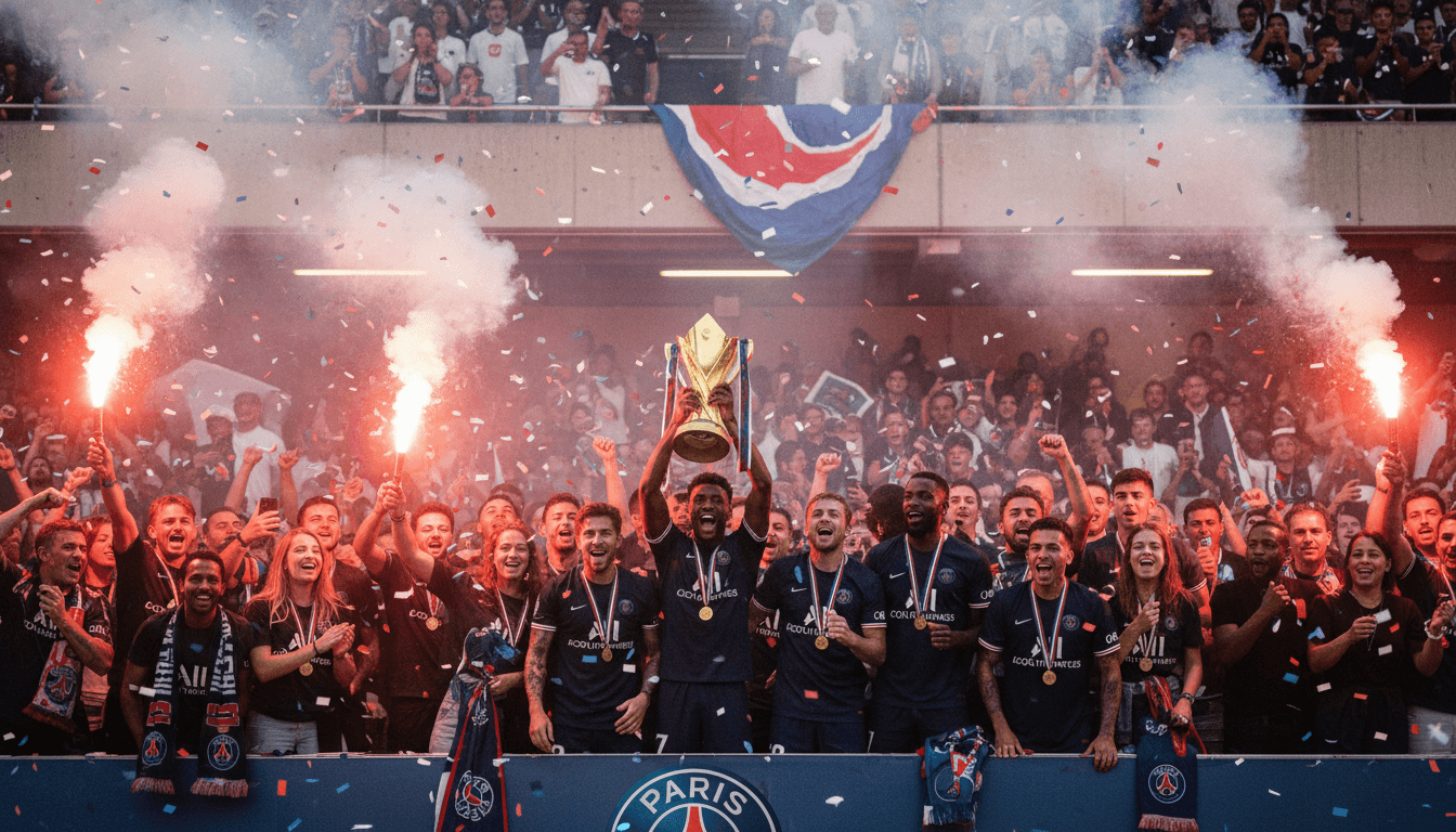 PSG players lift the Ligue 1 trophy under flares, representing Lille and Lyon secure Champions League spots.