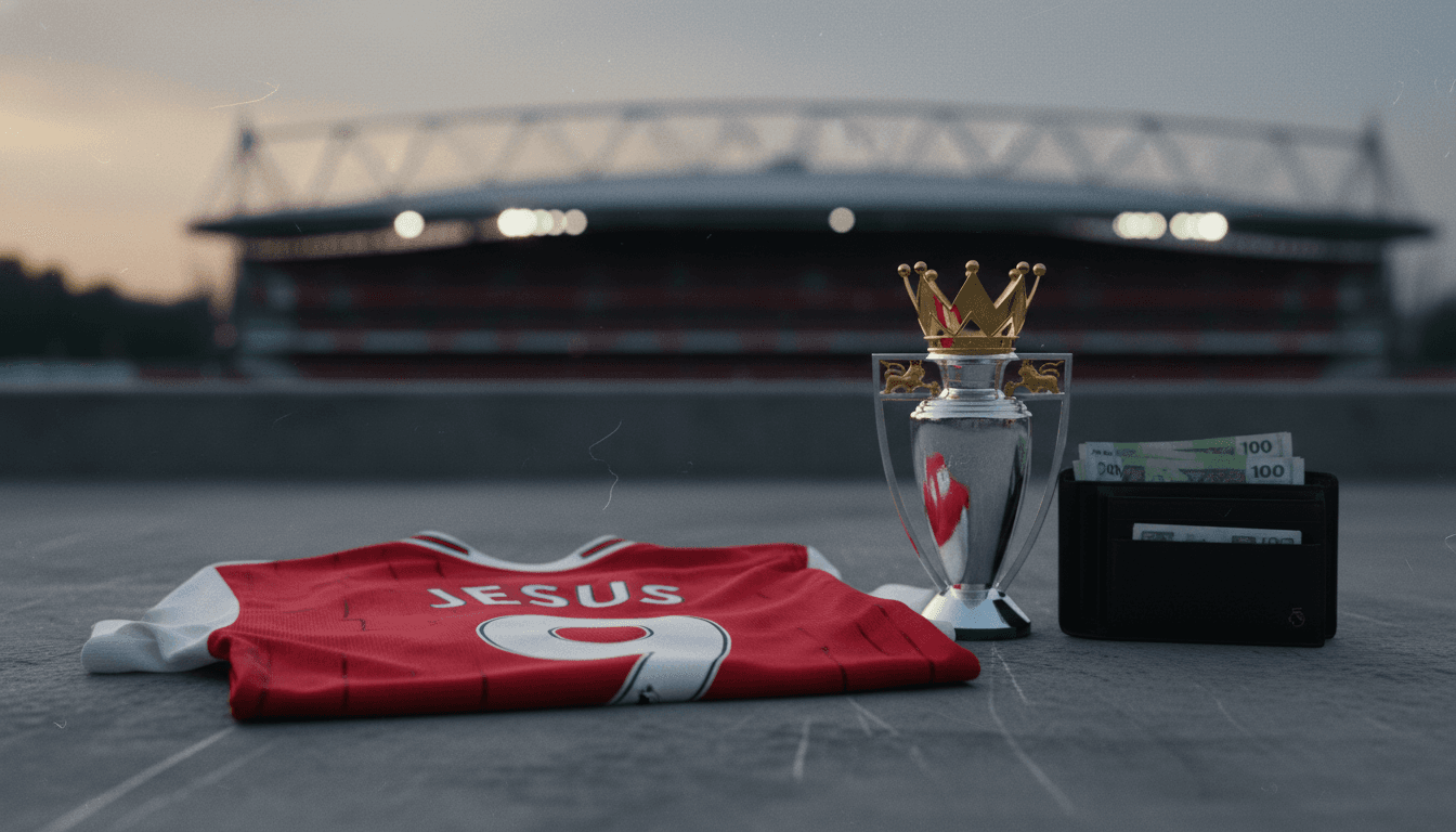 A football kit with Gabriel Jesus's number and name, alongside an Arsenal crest, set against a backdrop of blurred stadium lights, symbolizing the Gabriel Jesus transfer price and his potential departure.