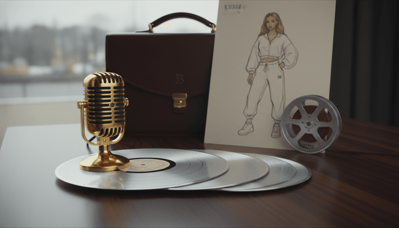 A meticulously arranged still life representing Beyoncé joins billionaire club. Items include a gold-plated microphone, a stack of platinum records, a fashion sketch of athleisure wear, a film reel, and a small, elegant 'B' initialed briefcase, all gleaming under a spotlight.