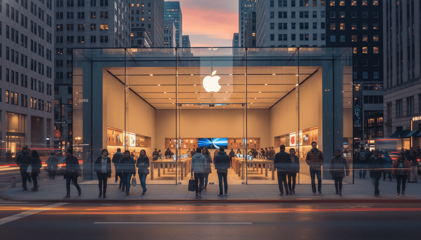 A vibrant, modern Apple Store in a bustling city center at dusk, showcasing the sleek glass facade and glowing Apple logo, symbolizing Apple reports record revenue.