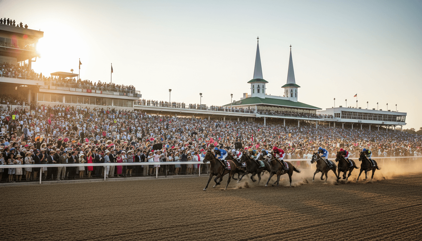 Wide shot of Churchill Downs track with horses and jockeys, emphasizing billionaires competing at the Kentucky Derby
