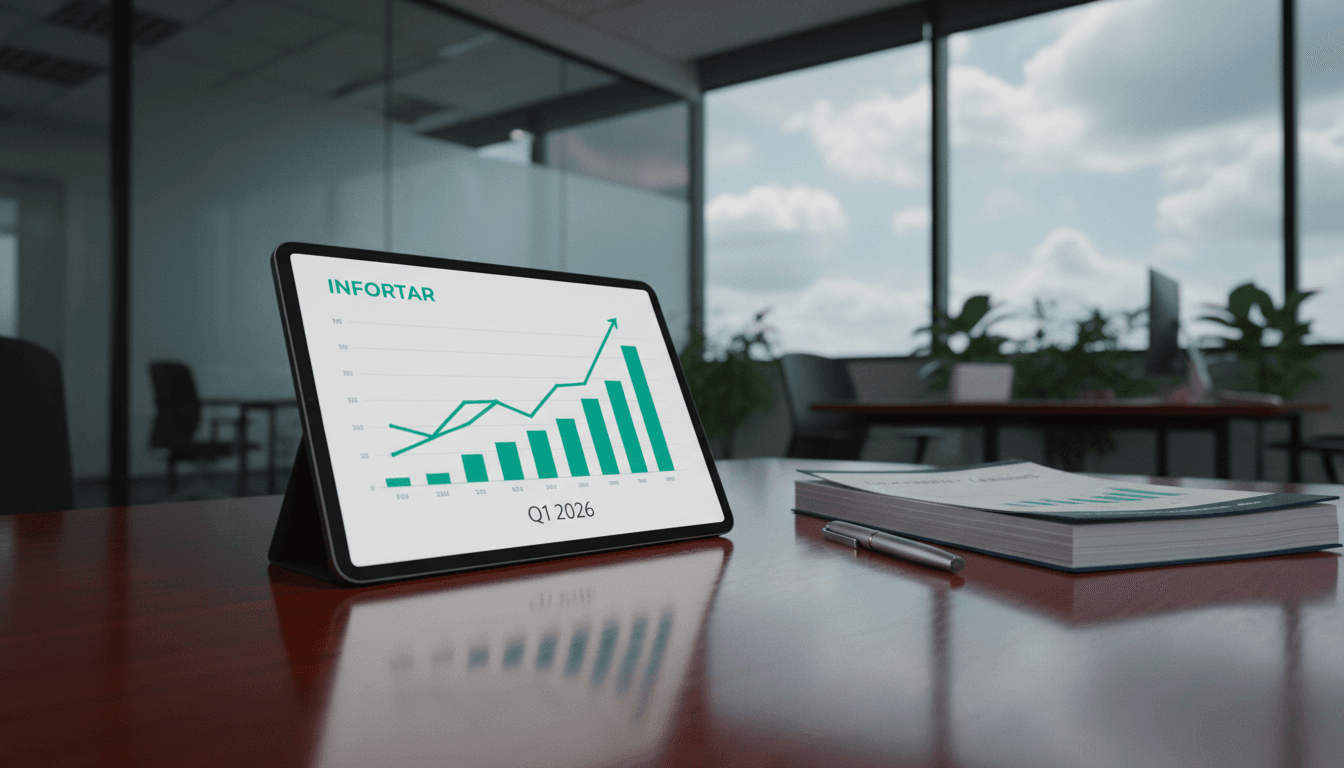 A detailed financial report for Infortar Q1 2026 displayed on a tablet, surrounded by charts showing record revenue and profit turnaround.