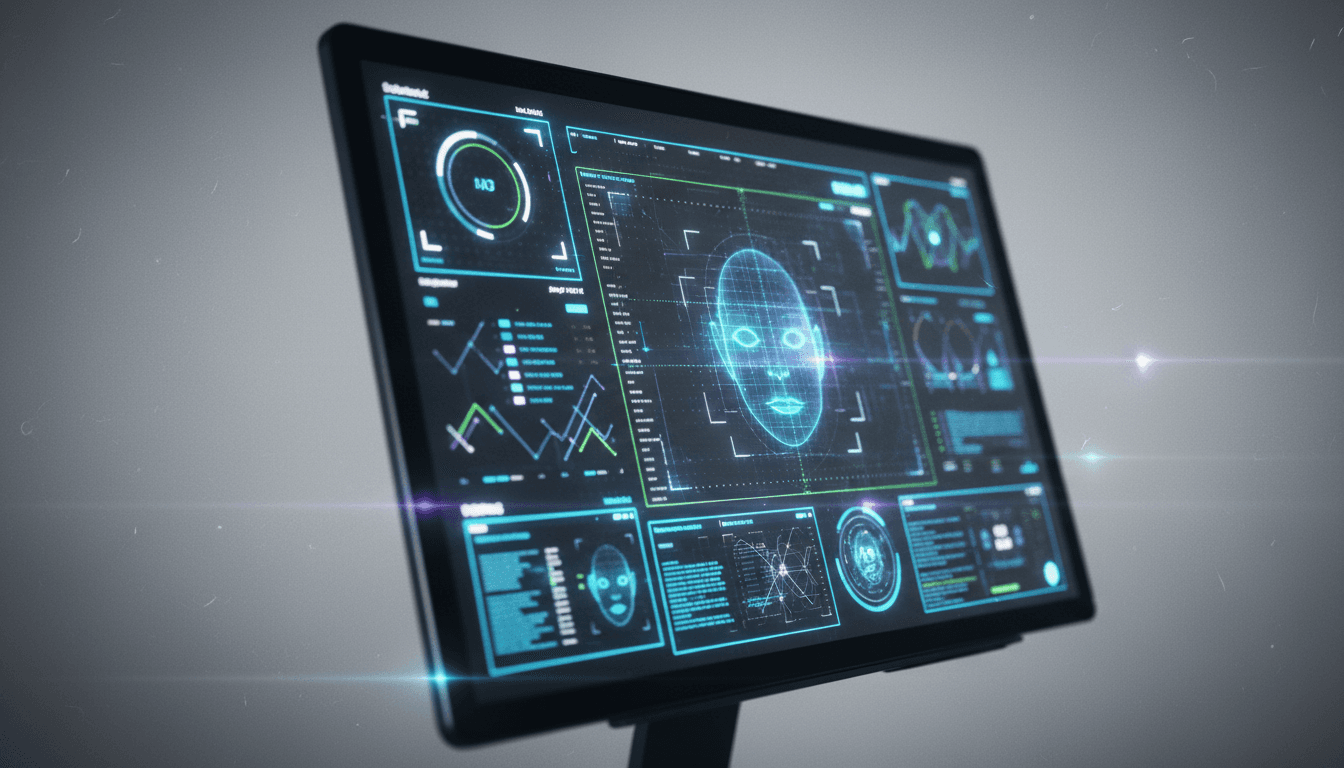 Close-up of a holographic video AI interface projected onto a glass screen, displaying complex data visualizations and facial recognition algorithms, representing the core technology of a Spanish startup pivoted to video AI.