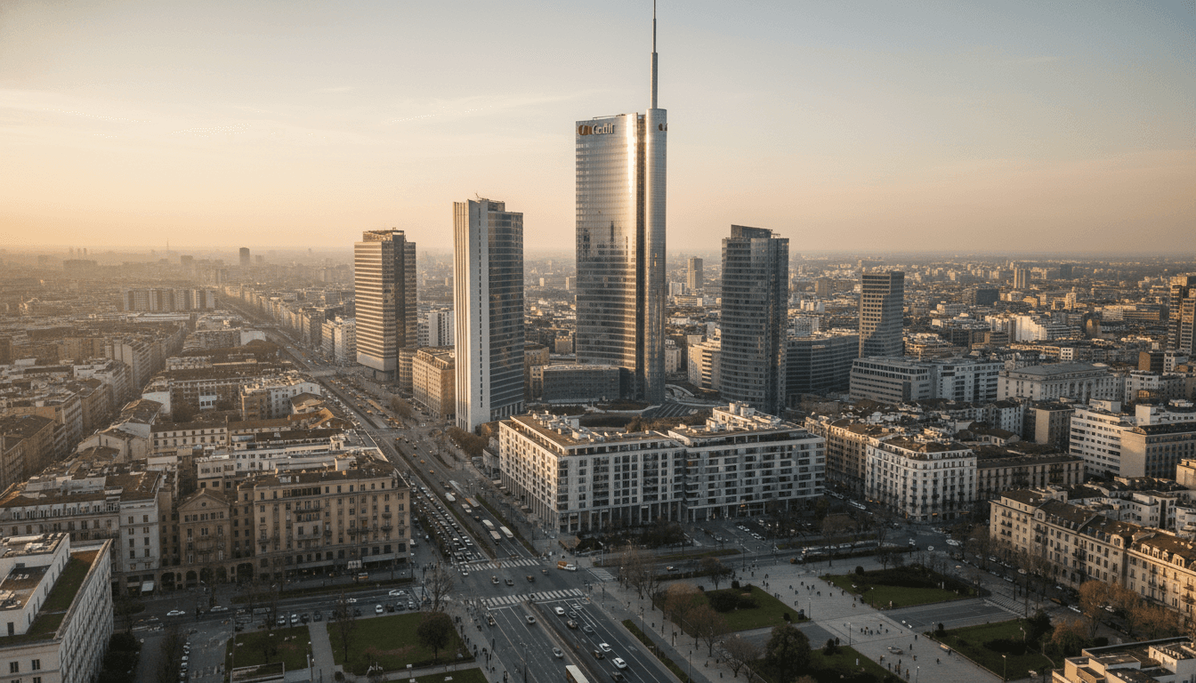An aerial view of a bustling European financial district at dawn, with the UniCredit Tower prominently visible, symbolizing the bank's record profit caps 21st consecutive growth quarter.