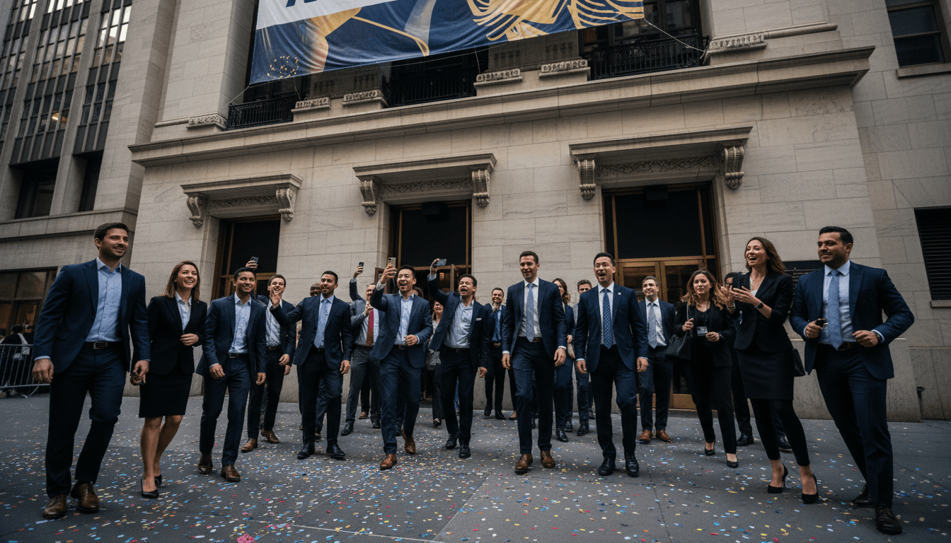 A bustling scene at a stock exchange trading floor with screens displaying stock tickers and excited traders, representing Hawkeye 360 shares jump on market debut.