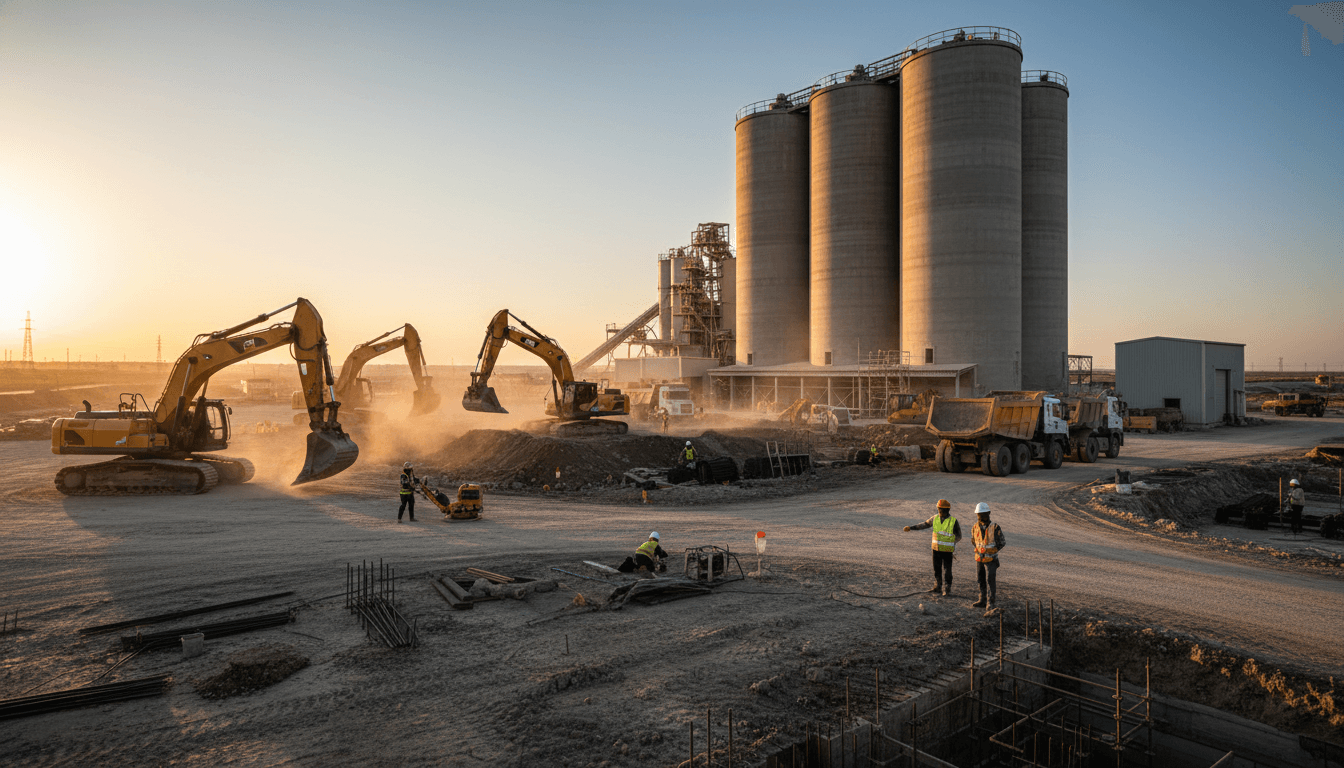 A vibrant, high-angle shot of a sprawling industrial complex, featuring cement silos and active construction sites, representing the growth of Abdul Samad Rabiu's BUA Group.