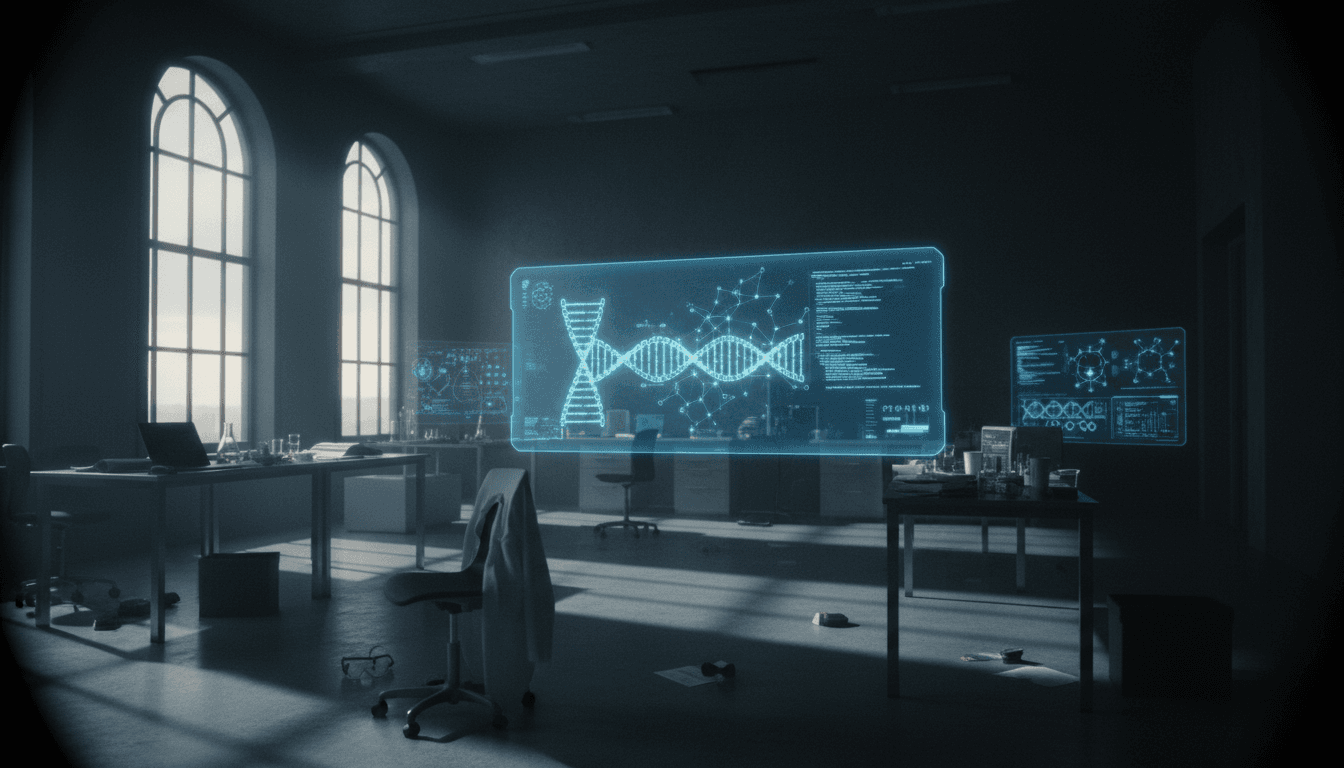 A futuristic laboratory setting with glowing holographic displays showing complex protein structures and molecular diagrams, representing Isomorphic Labs new funding success.