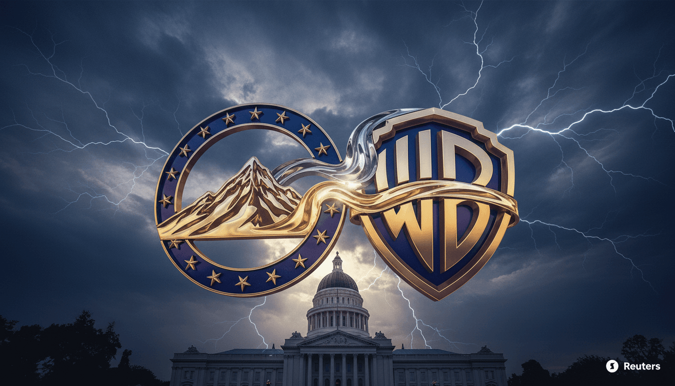 A conceptual image illustrating the impact of the Paramount-Warner Bros. deal sparks political firestorm, with two major studio logos merging against a backdrop of legislative chambers.