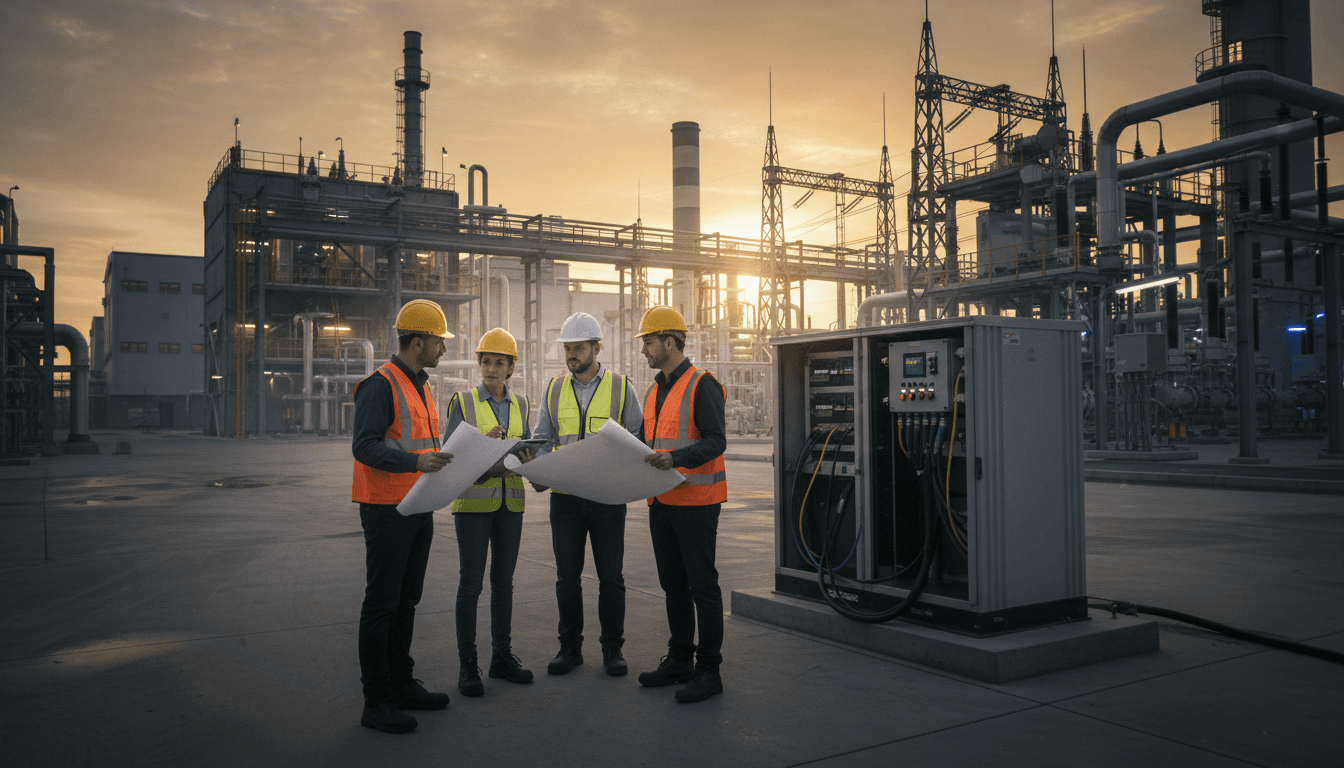 A bustling industrial power facility at dusk, with engineers reviewing schematics for a VoltaGrid investment project.