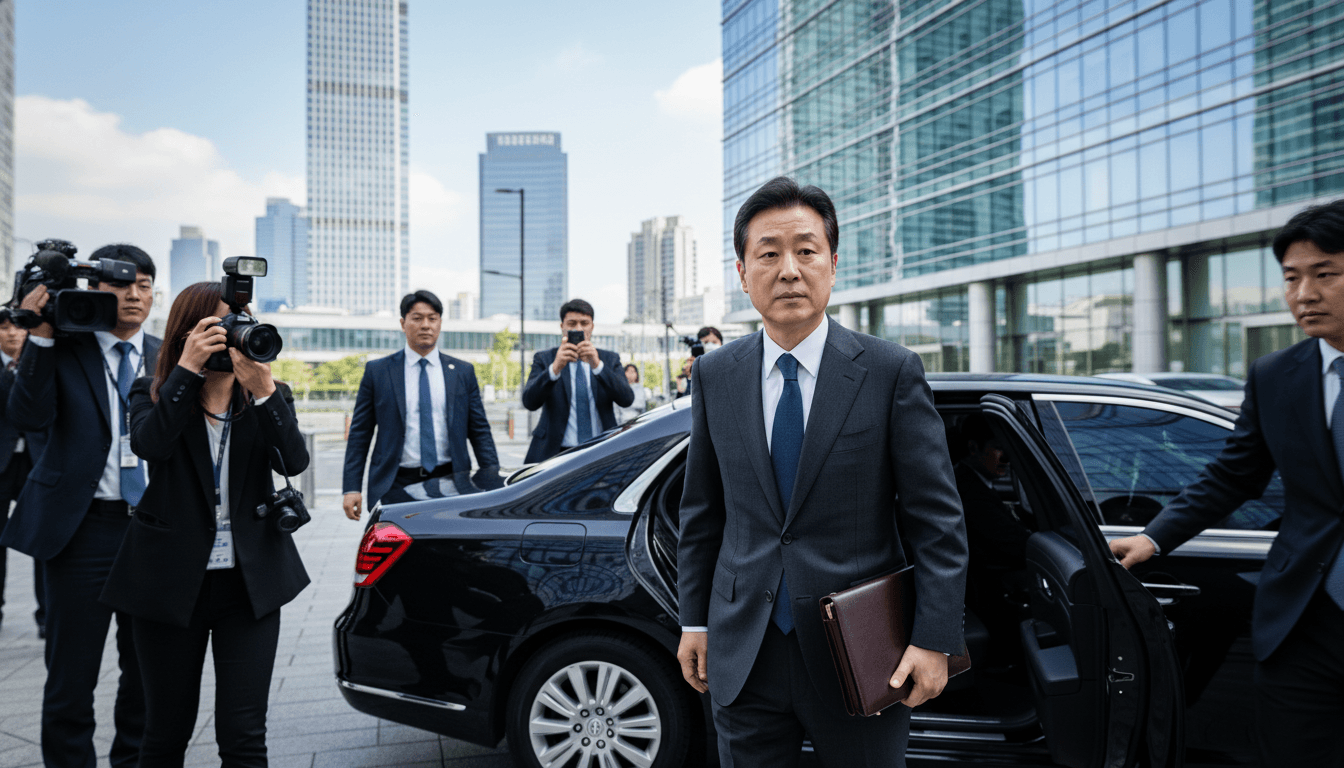 Jay Y. Lee, Executive Chairman of Samsung Electronics, at a press conference, with the Samsung logo subtly visible in the background, representing the success of Samsung billionaires.