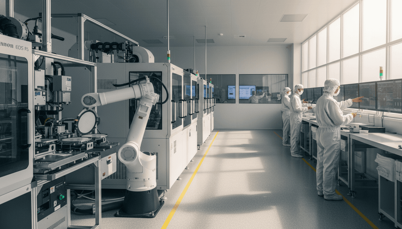 A modern, bustling semiconductor manufacturing facility, with robotic arms precisely handling silicon wafers, symbolizing the impact of the Data I/O acquisition deal.