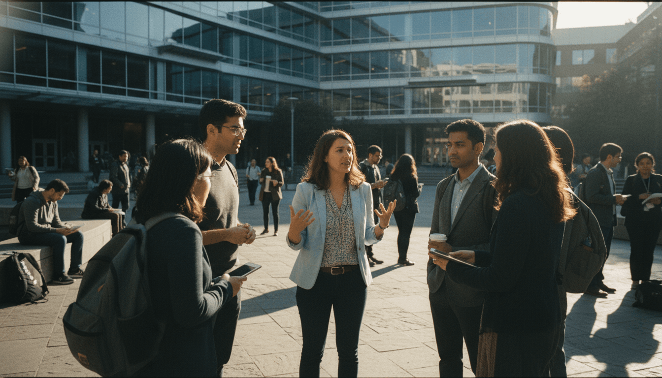 University of California, San Francisco campus with a diverse group of students and faculty engaged in conversation, highlighting the ongoing discussion around college funding problems.