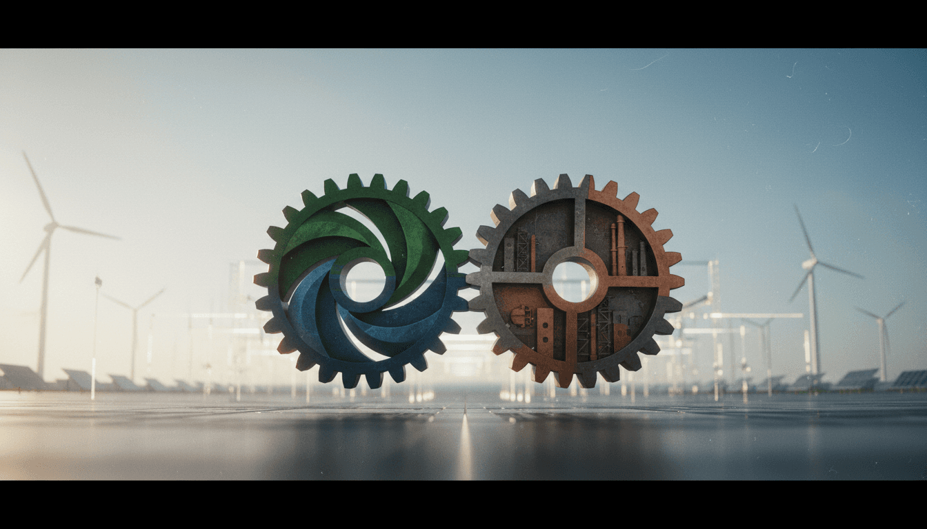 A conceptual image illustrating the NextEra nears record Dominion Energy deal with interlocking gears representing two large energy companies merging.