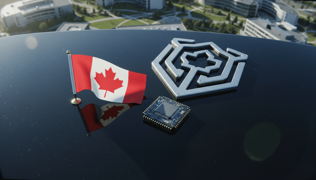 A stylized diagram illustrating DiscoverIE's defence push strategy, with a Canadian flag, a microchip, and a shield icon representing defence, all converging.
