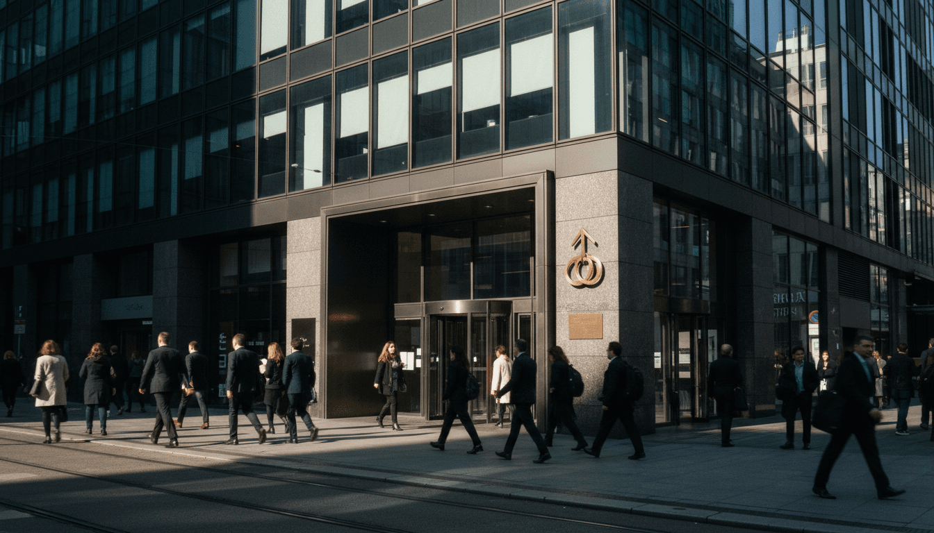 A modern, sleek office building facade reflecting the sky, symbolizing a new €10 billion investment firm, with a subtle hint of industry in the background.
