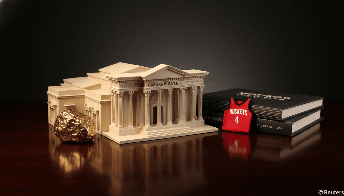 A detailed still life depicting the merger: a miniature replica of the iconic Caesars Palace facade next to a golden nugget, with a small Houston Rockets basketball jersey draped over a stack of glossy Landry's restaurant menus. The items are arranged on a polished, dark wood surface, subtly reflecting the luxury and scale of the Tilman Fertitta acquires Caesars Entertainment deal.