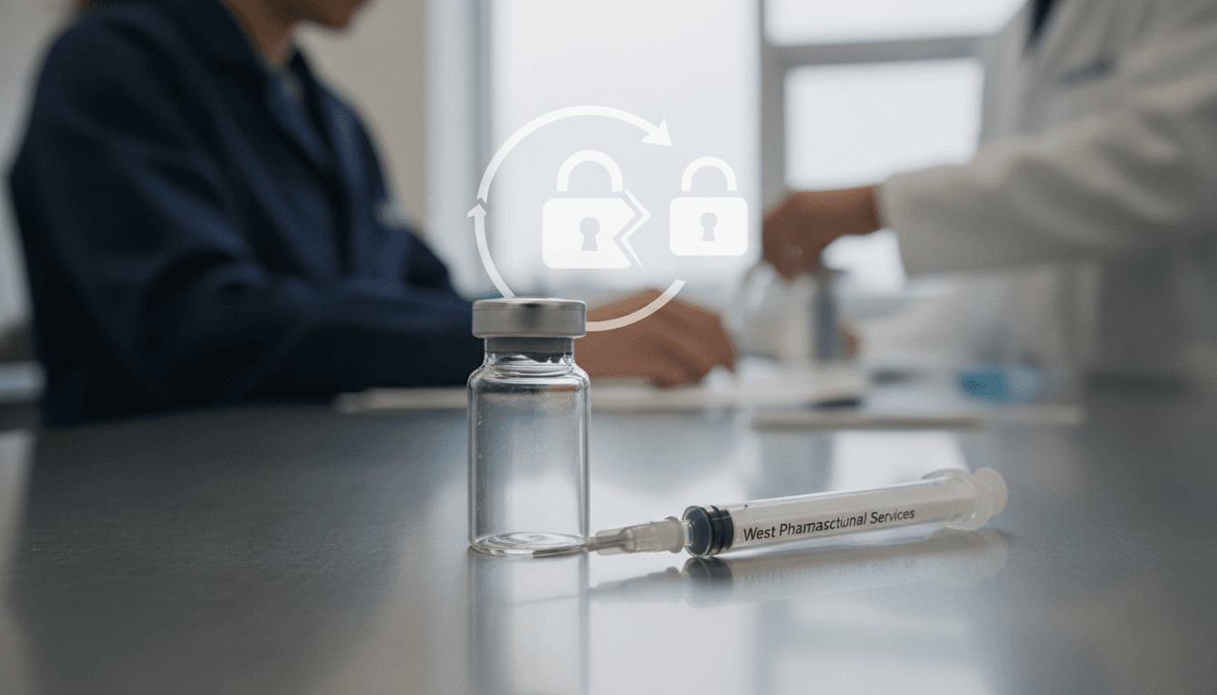 Close-up of a West Pharmaceutical Services product, like a pre-filled syringe or vial, with a digital padlock icon subtly overlaid, symbolizing West Pharmaceutical data stolen by hackers.