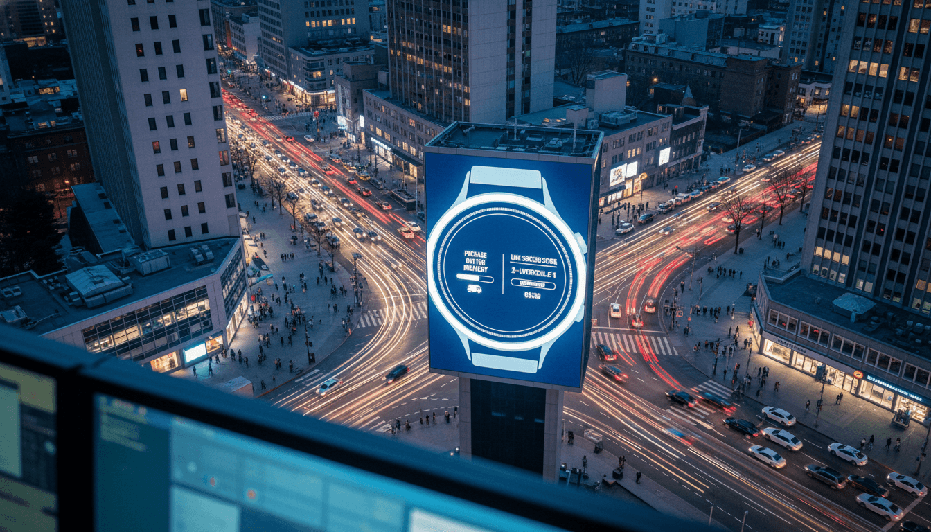 A close-up of a smartwatch displaying real-time delivery tracking and sports scores, showcasing how Wear OS 7 delivers Live Updates.
