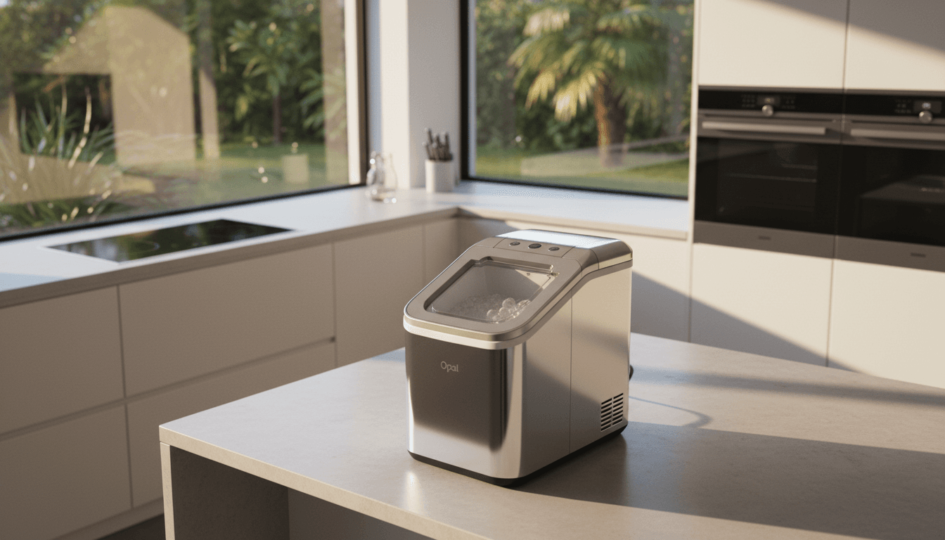 A sleek GE Profile Opal 2.0 Ultra Nugget Ice Maker on a modern kitchen countertop with a glass of beverage containing nugget ice.
