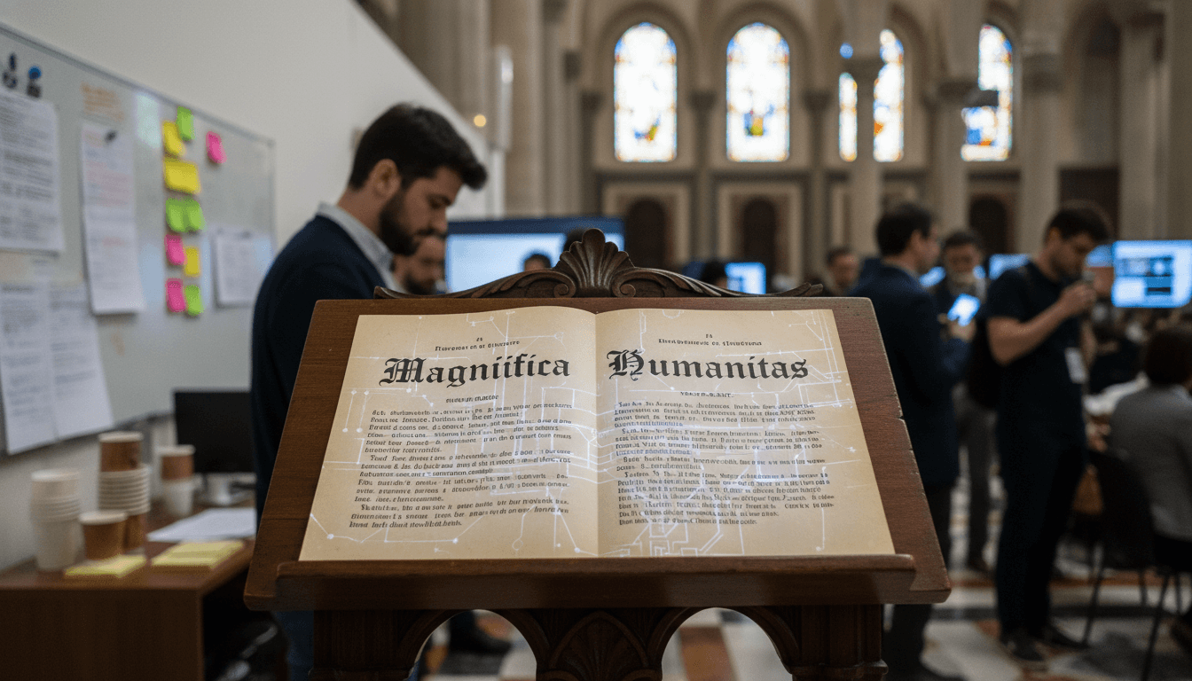 A formal presentation of Pope Leo XIV's AI encyclical document, with a distinct digital overlay suggesting AI influence.