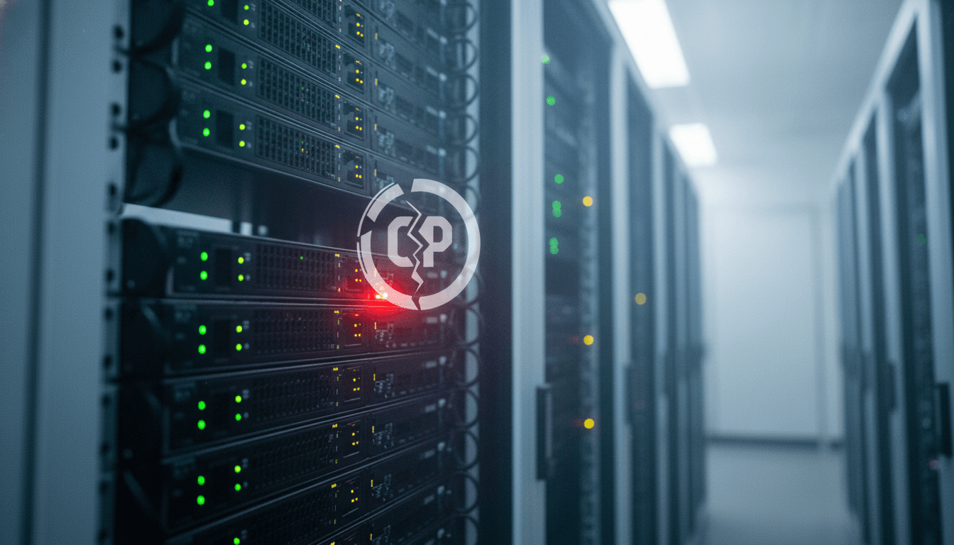 A digital representation of a server rack with a glowing red alert icon overlayed on a cPanel logo, symbolizing the actively exploited cPanel plugin flaw.