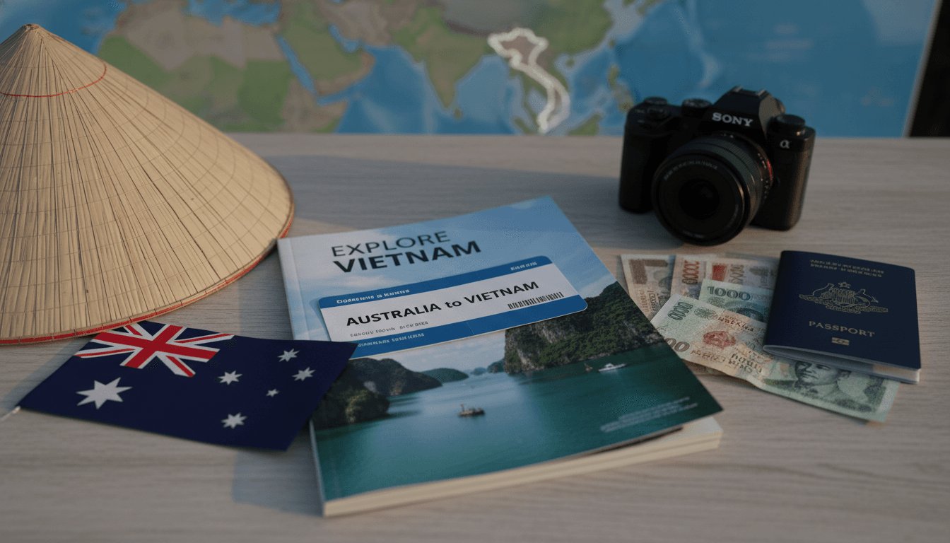 A stylized flat lay composition showcasing elements representing Vietnam as the top destination for Australian travelers. A Vietnamese conical hat (nón lá) rests beside a miniature Australian flag. A travel guide to Vietnam is open to a page featuring Ha Long Bay, with an airline ticket stub for a flight from Australia prominently displayed. Scattered around are small items like a passport, a camera, and a few Vietnamese dong banknotes, all against a subtly textured map of Southeast Asia.