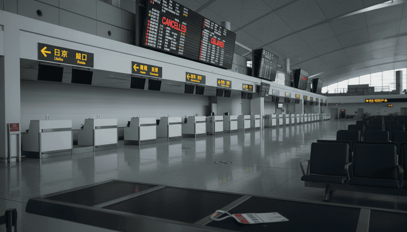Empty check-in counters and a deserted departure lounge at an airport in China, symbolizing the massive drop in Japanese tourism to China.