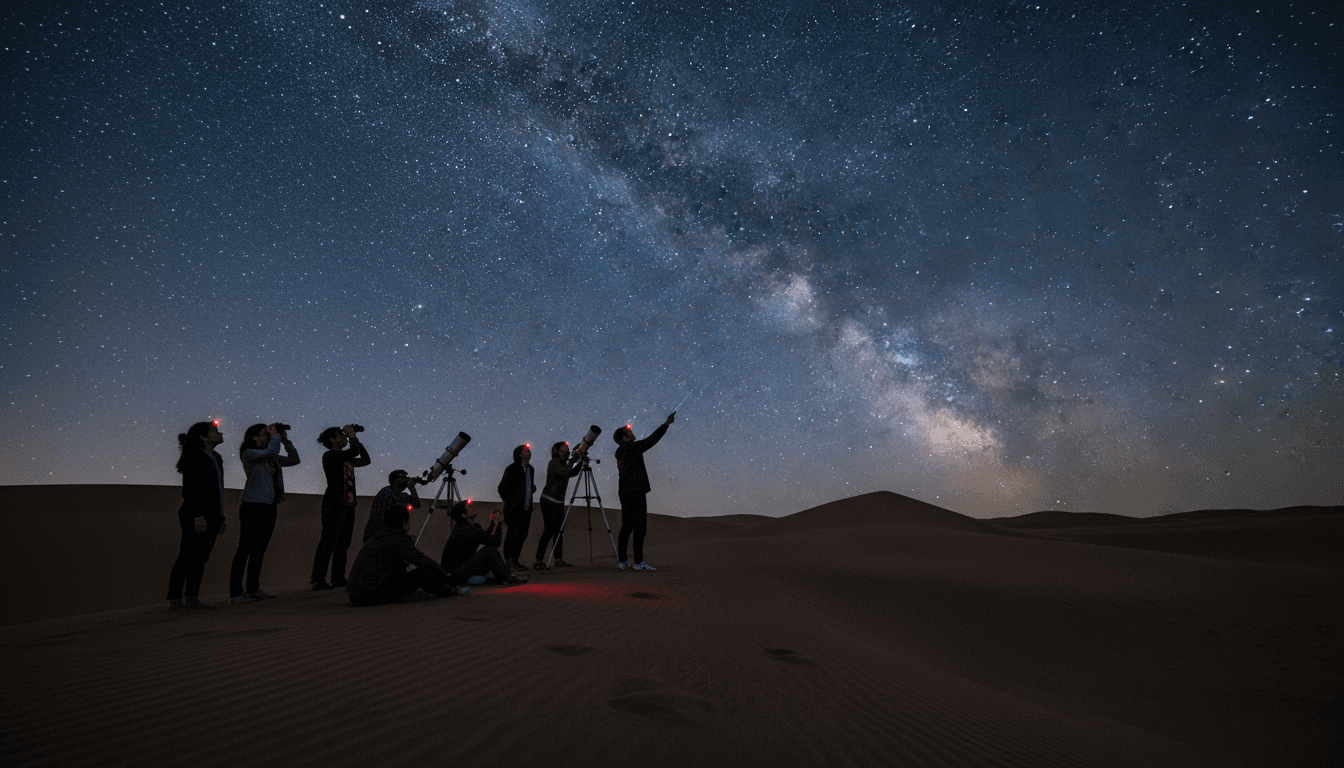A group of people silhouetted against a breathtaking, star-filled night sky, with a prominent Milky Way band visible, observing through telescopes, representing India's astro-tourism.