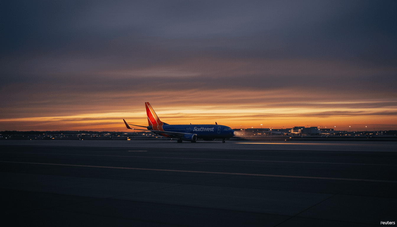 A Southwest Airlines aircraft is silhouetted against a dramatic sunset, symbolizing the airline's expansion as Southwest Airlines adds over a dozen new routes.