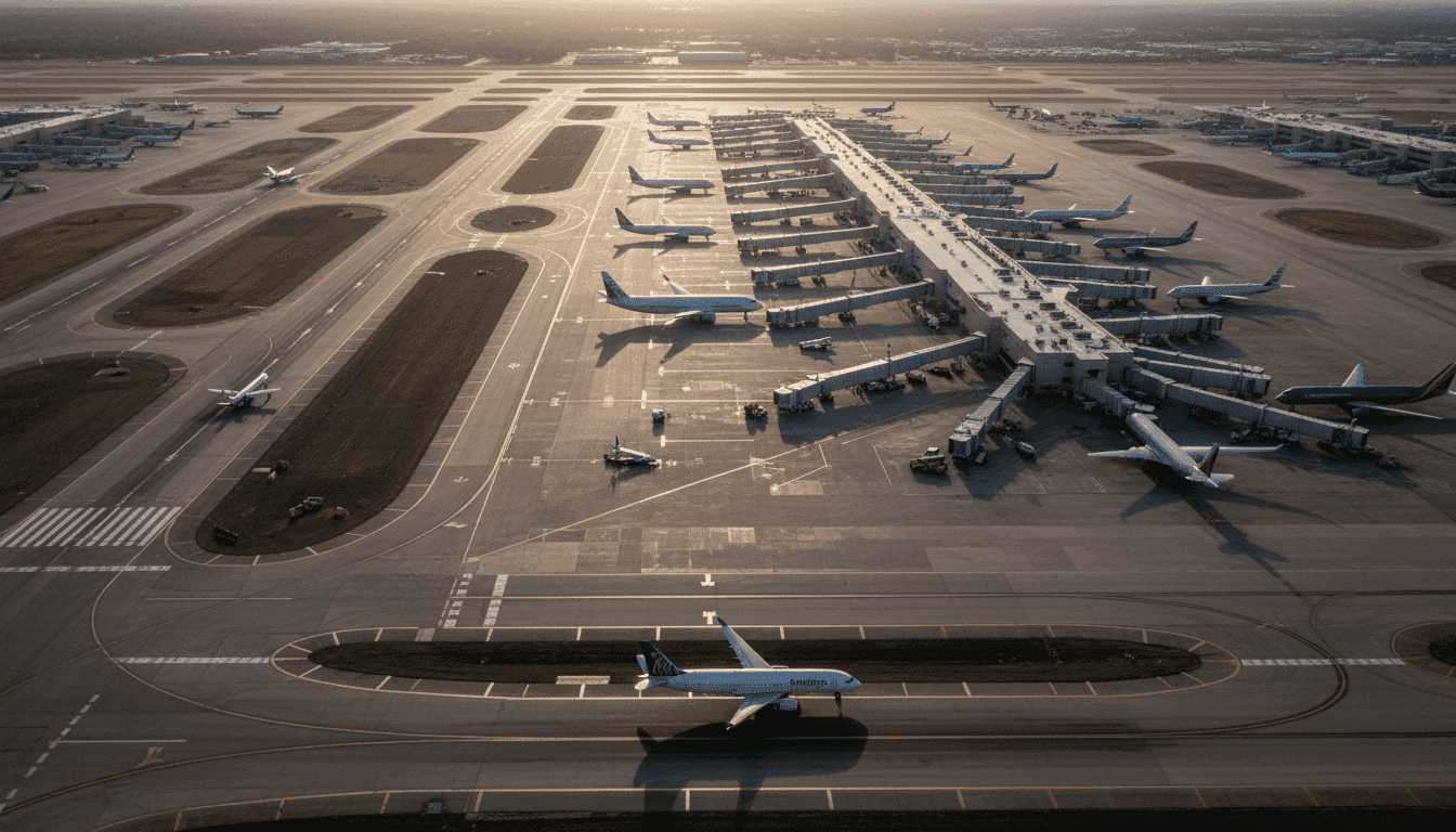 An aerial view of San Antonio International Airport after Spirit Airlines folds, showing a mix of parked aircraft from various carriers, some gates vacant, and new airline liveries potentially arriving, reflecting the evolving landscape.